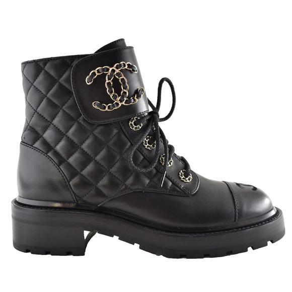 Chanel 21A Black Quilted Gold CC Chain Combat Lace Up Tie Ankle Short Boots 35 - Picture 1 of 15